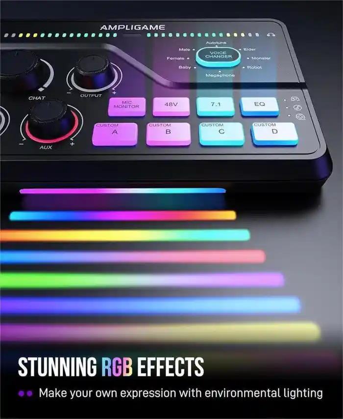 Fifine AmpliGame SC8 USB audio mixer with XLR/headset/optical in, voice/EQ/7.1 effect & sidetone/sample buttons, press mute vol. & chat mix dial